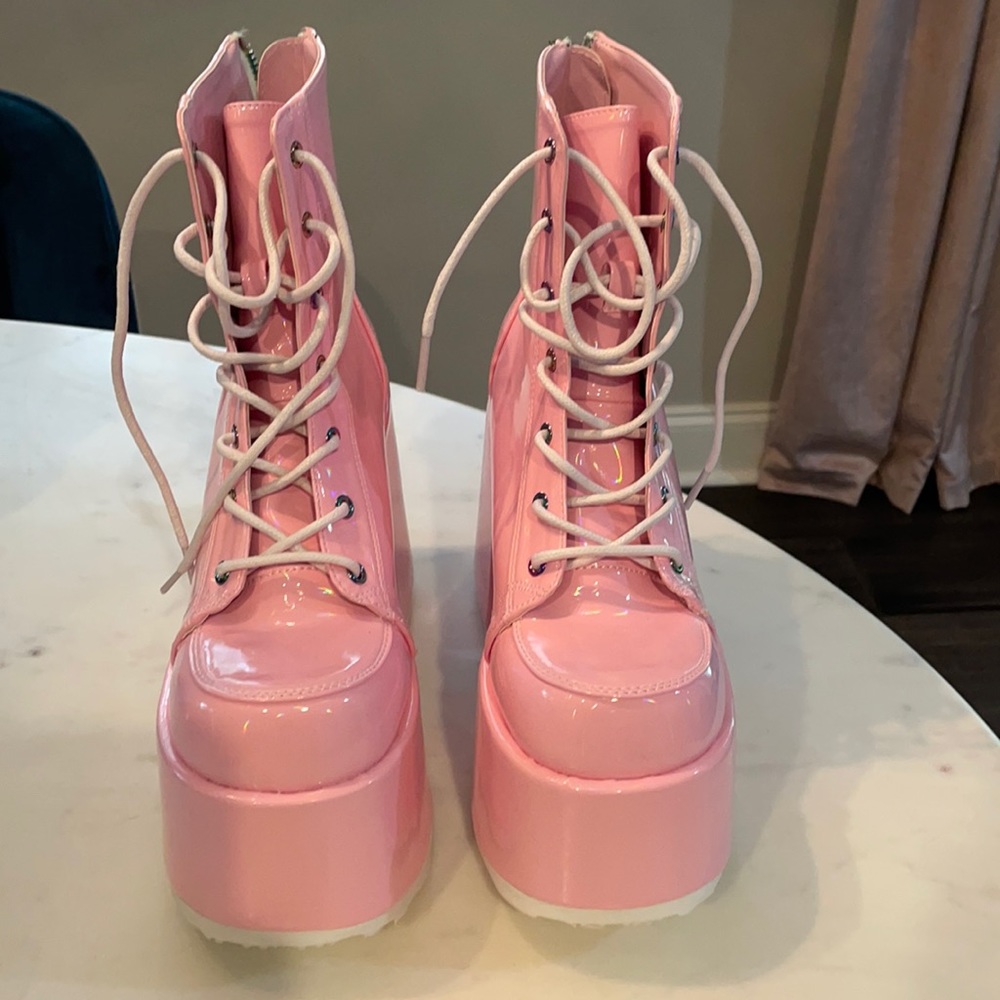 Demonia platform pink boots with rainbow zipper. Size 8. Never worn